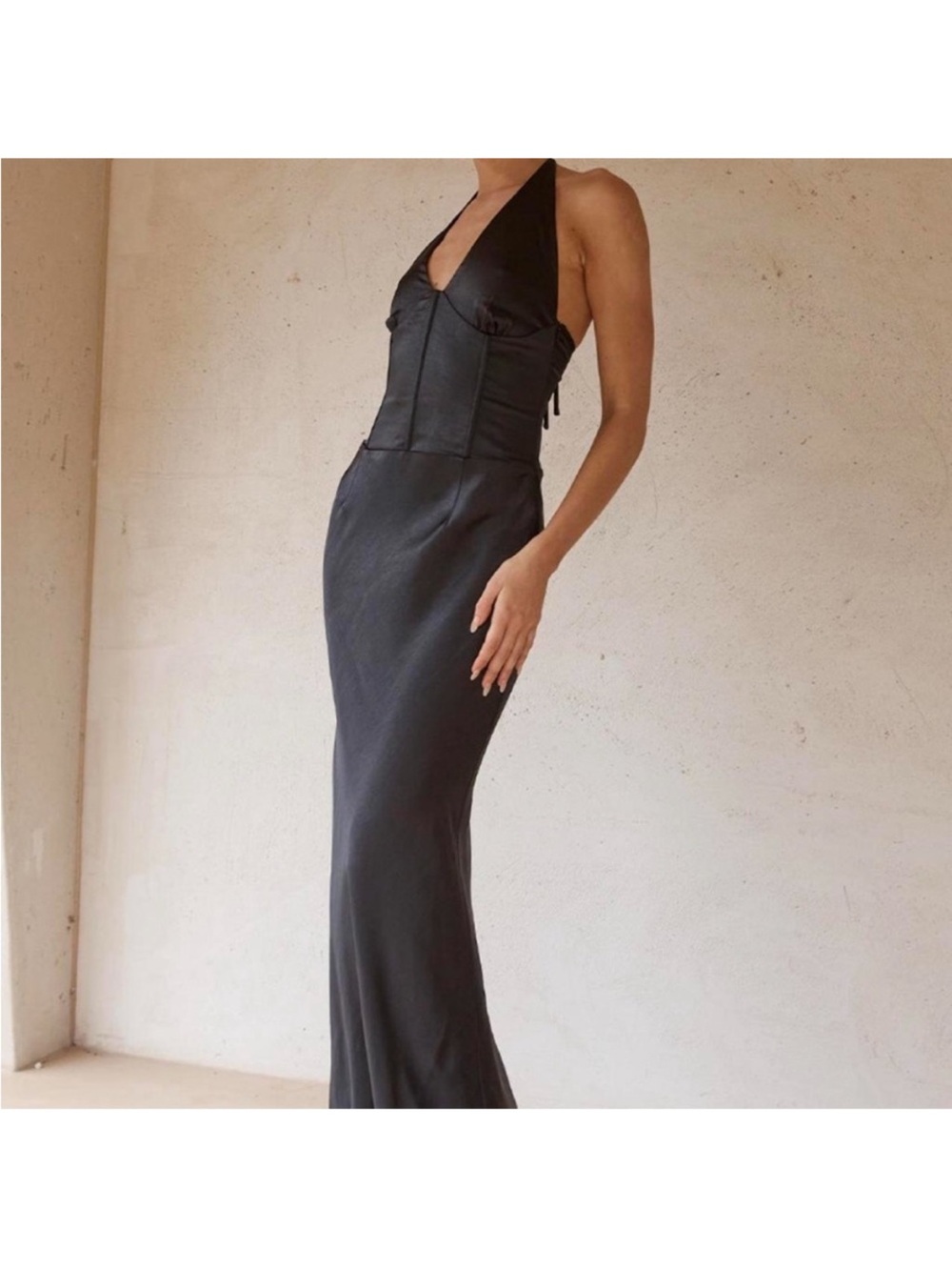 Backless Black Halter Satin Maxi Dress